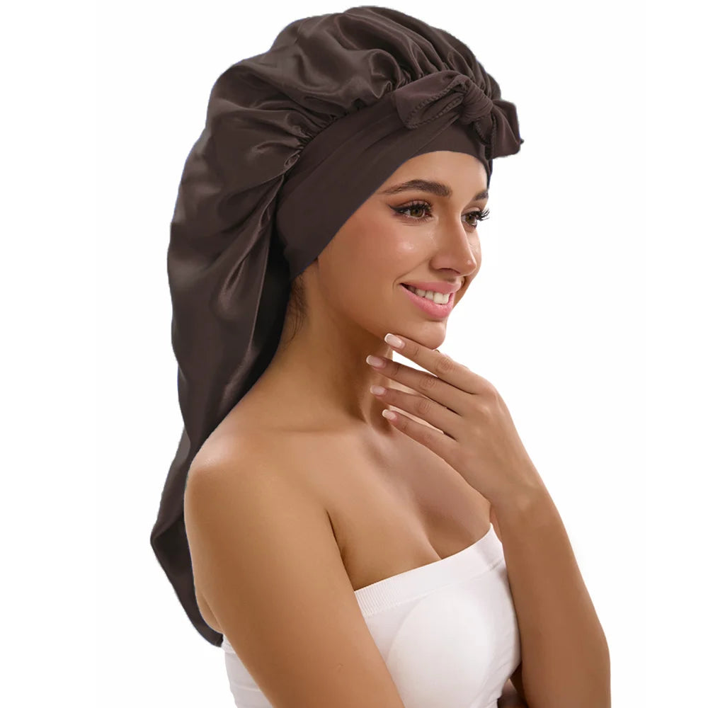 Satin Sleep Caps with Ribbon Tie  for Long Hair