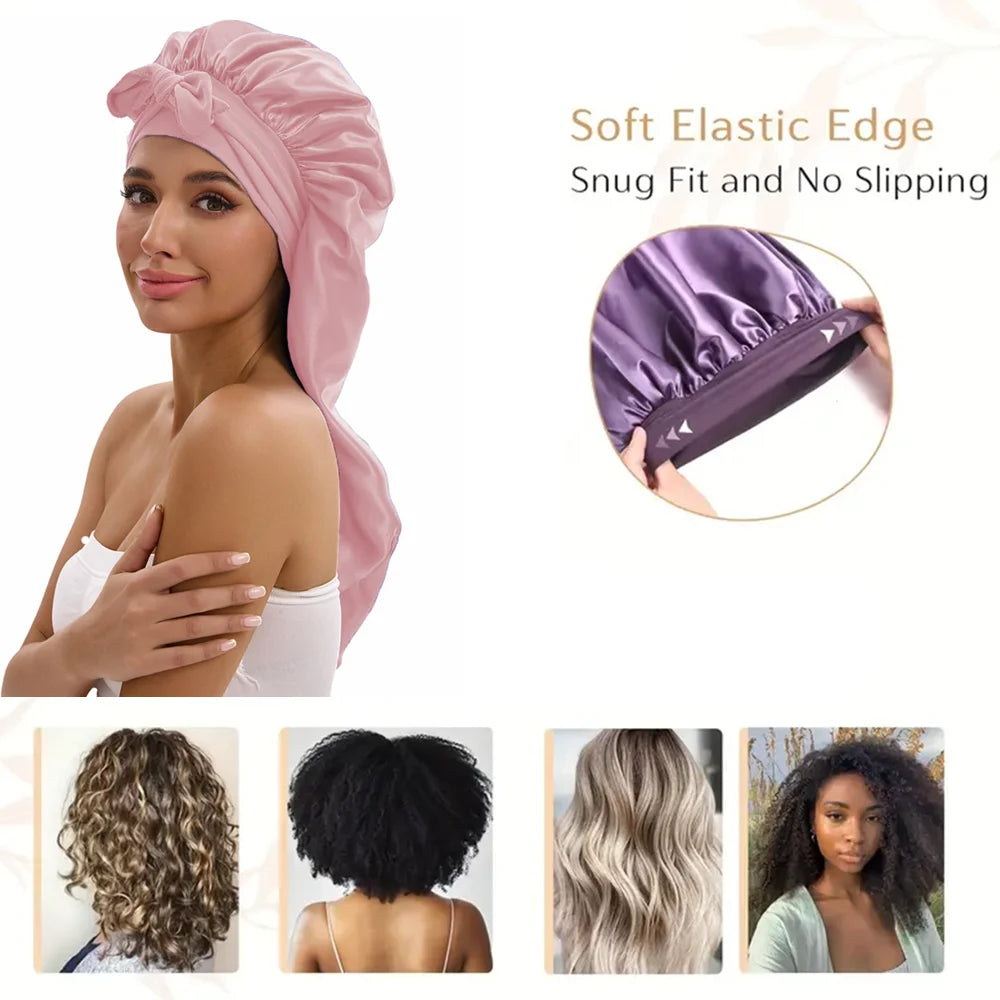 Satin Sleep Caps with Ribbon Tie  for Long Hair