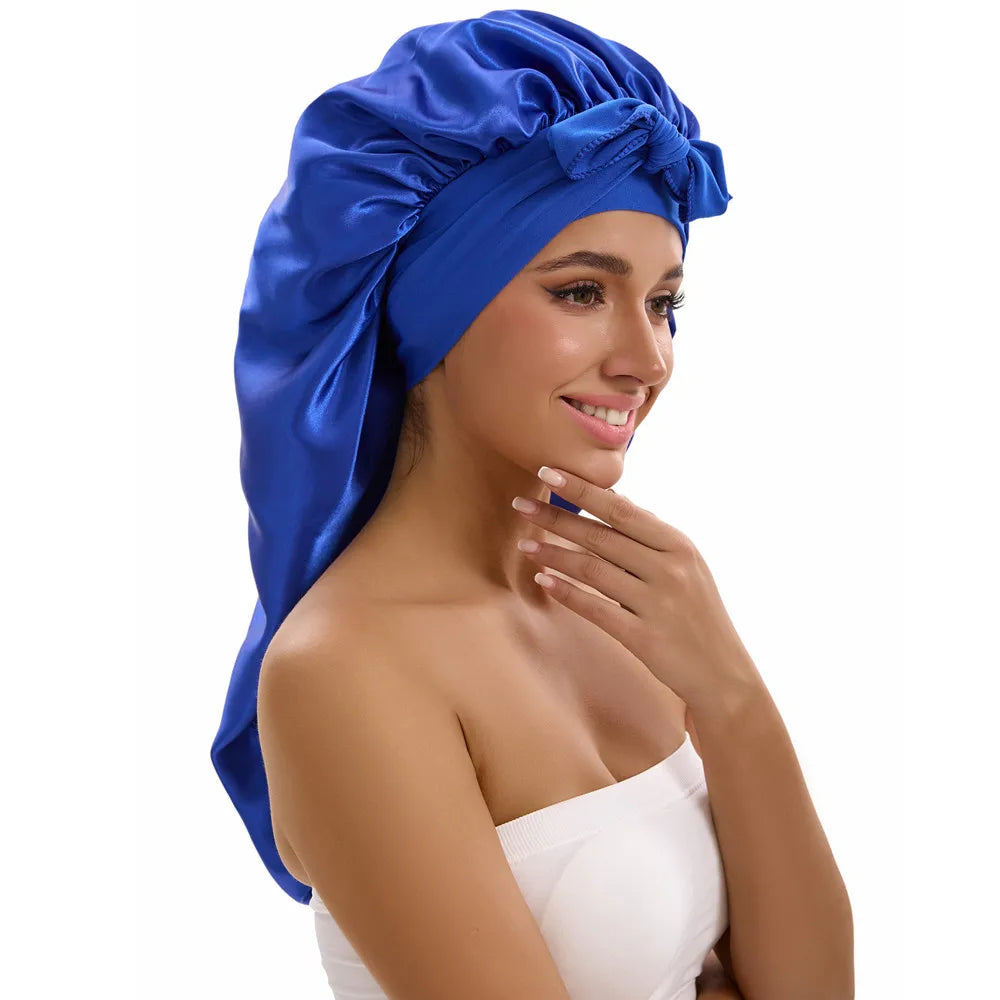 Satin Sleep Caps with Ribbon Tie  for Long Hair