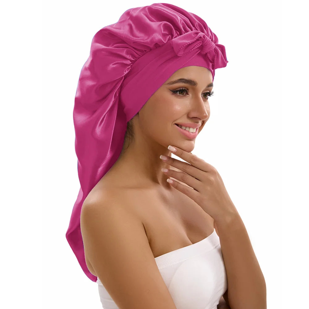 Satin Sleep Caps with Ribbon Tie  for Long Hair