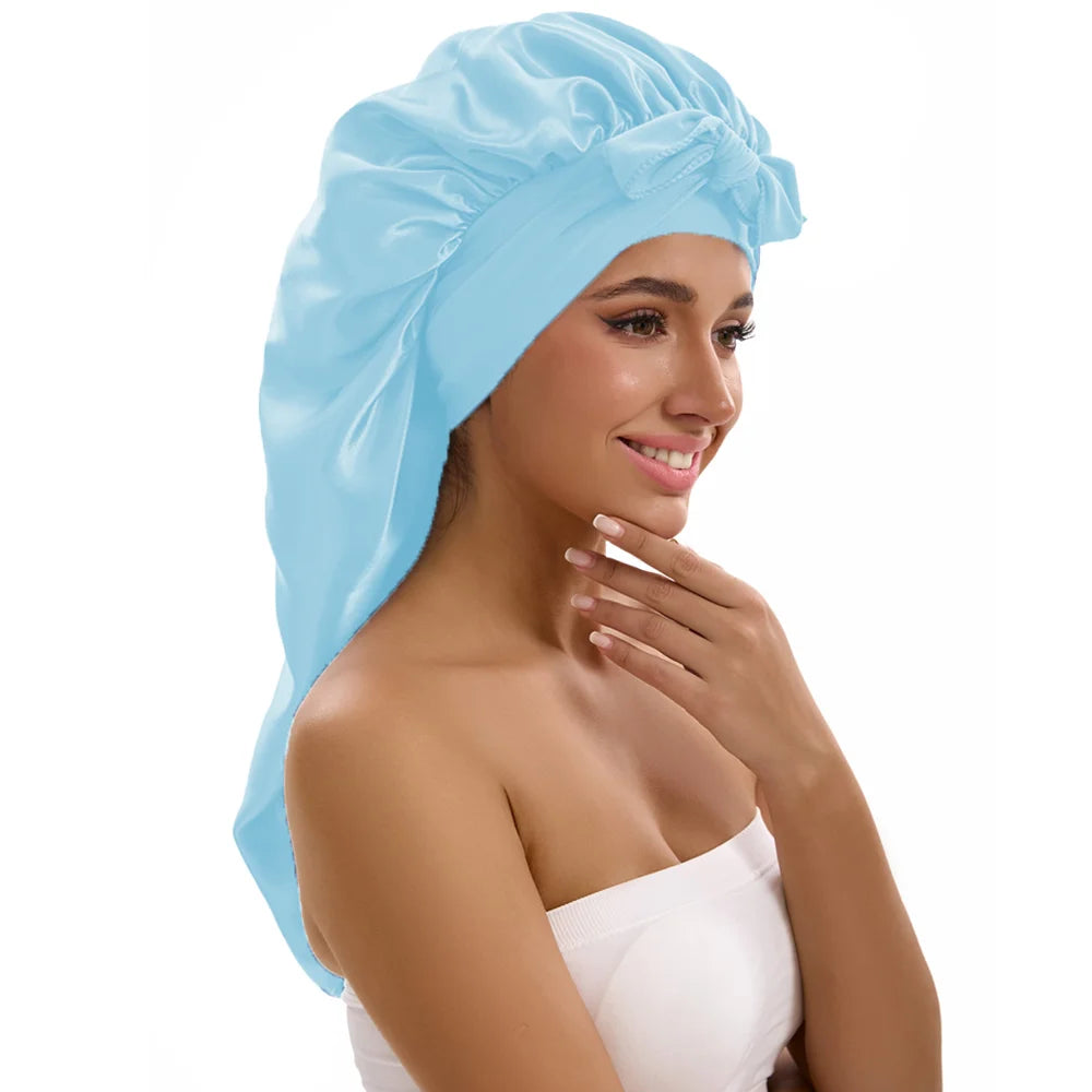 Satin Sleep Caps with Ribbon Tie  for Long Hair