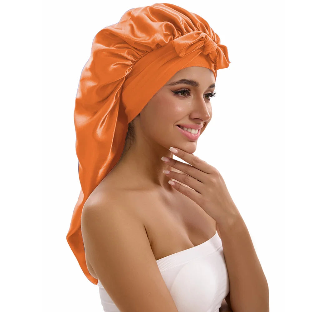 Satin Sleep Caps with Ribbon Tie  for Long Hair