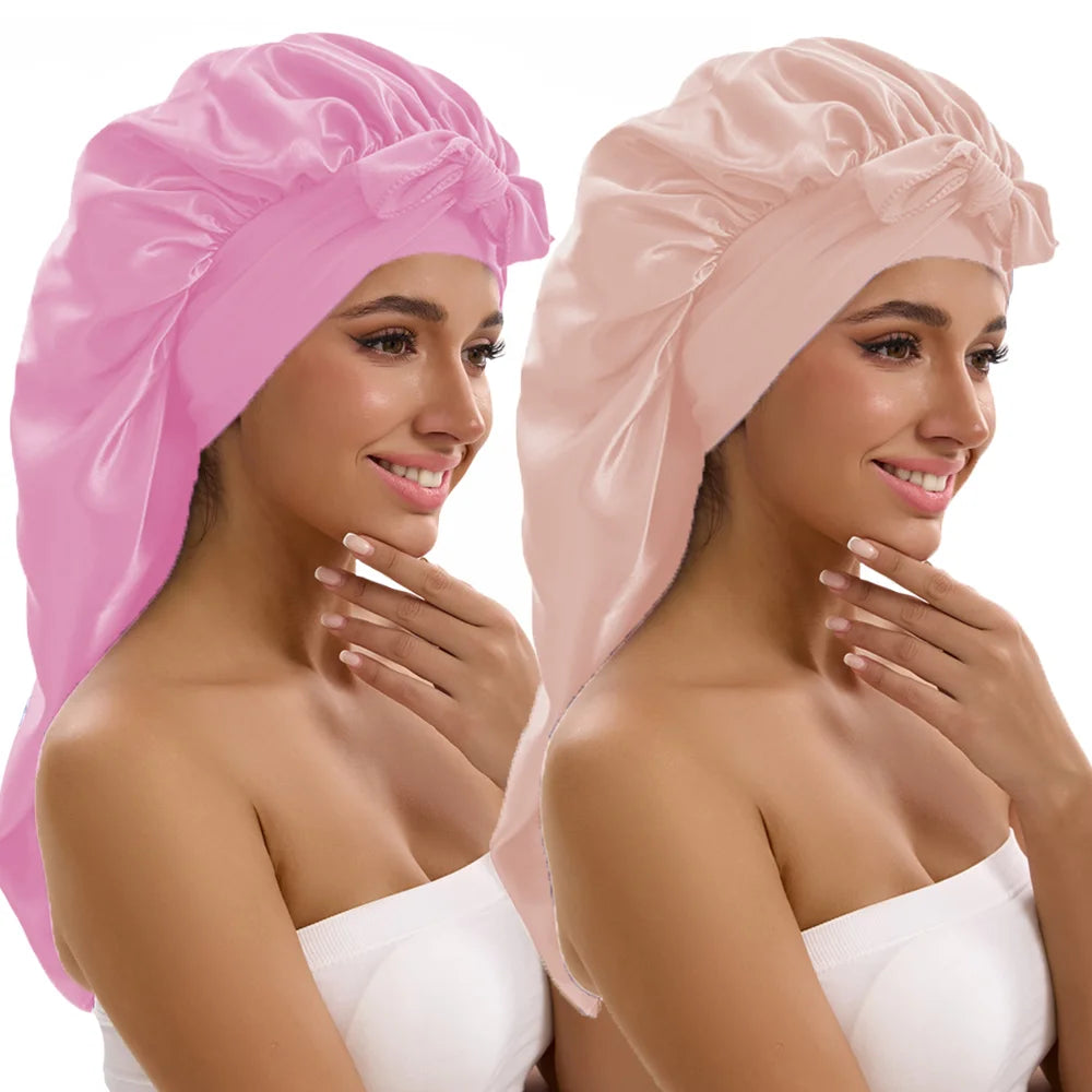 Satin Sleep Caps with Ribbon Tie  for Long Hair