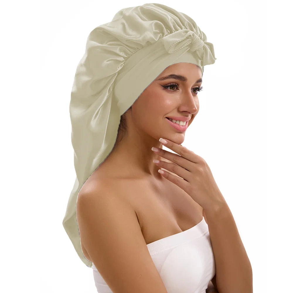 Satin Sleep Caps with Ribbon Tie  for Long Hair
