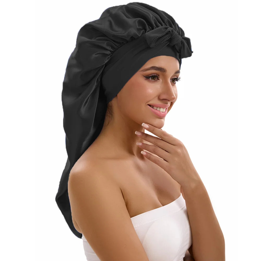 Satin Sleep Caps with Ribbon Tie  for Long Hair