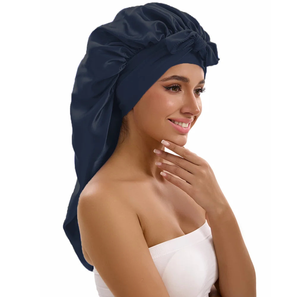 Satin Sleep Caps with Ribbon Tie  for Long Hair