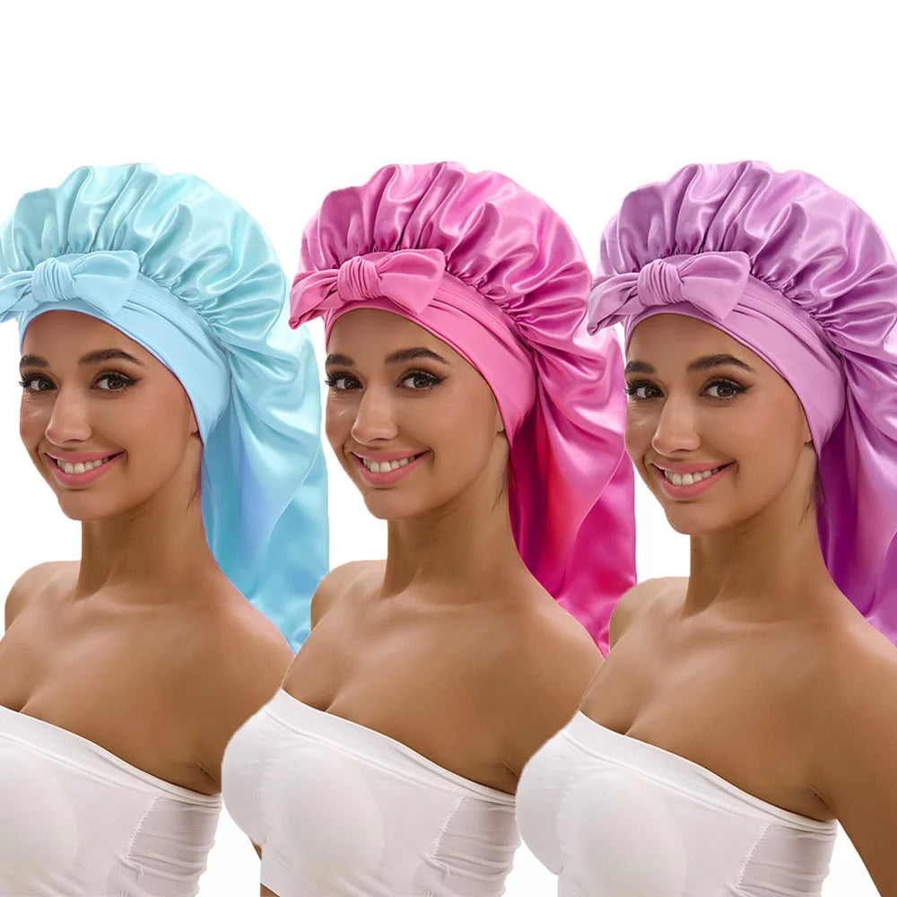 Satin Sleep Caps with Ribbon Tie  for Long Hair