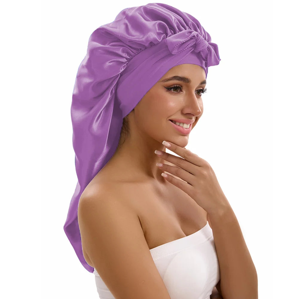 Satin Sleep Caps with Ribbon Tie  for Long Hair