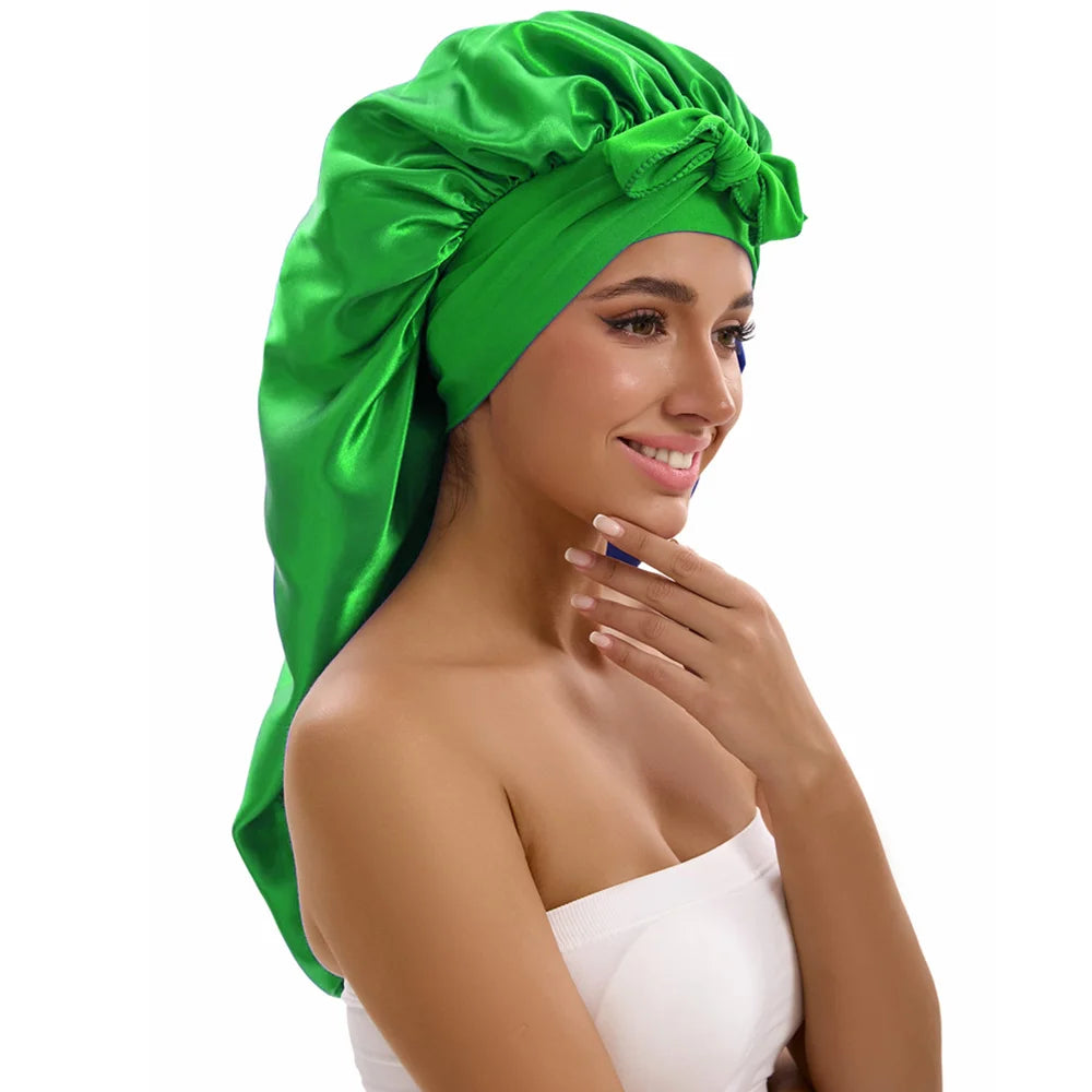 Satin Sleep Caps with Ribbon Tie  for Long Hair