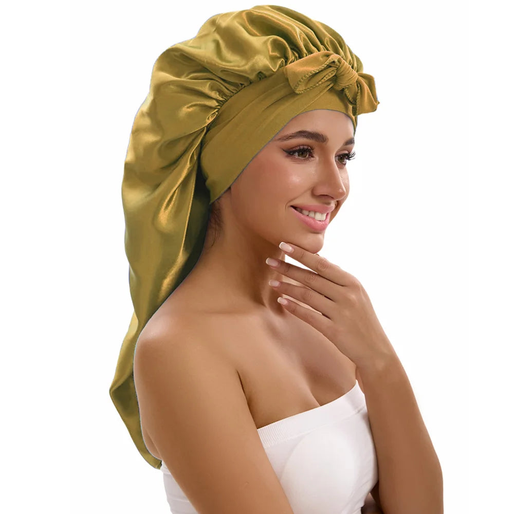 Satin Sleep Caps with Ribbon Tie  for Long Hair