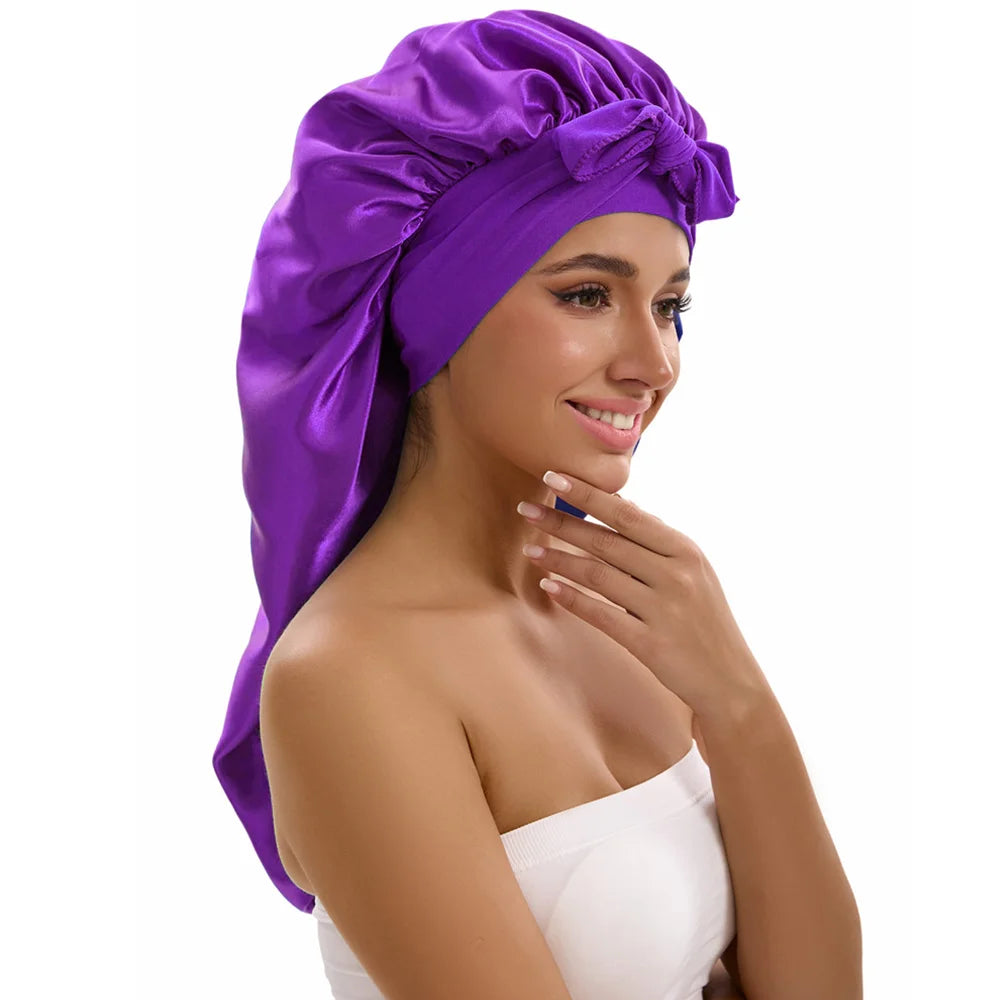Satin Sleep Caps with Ribbon Tie  for Long Hair