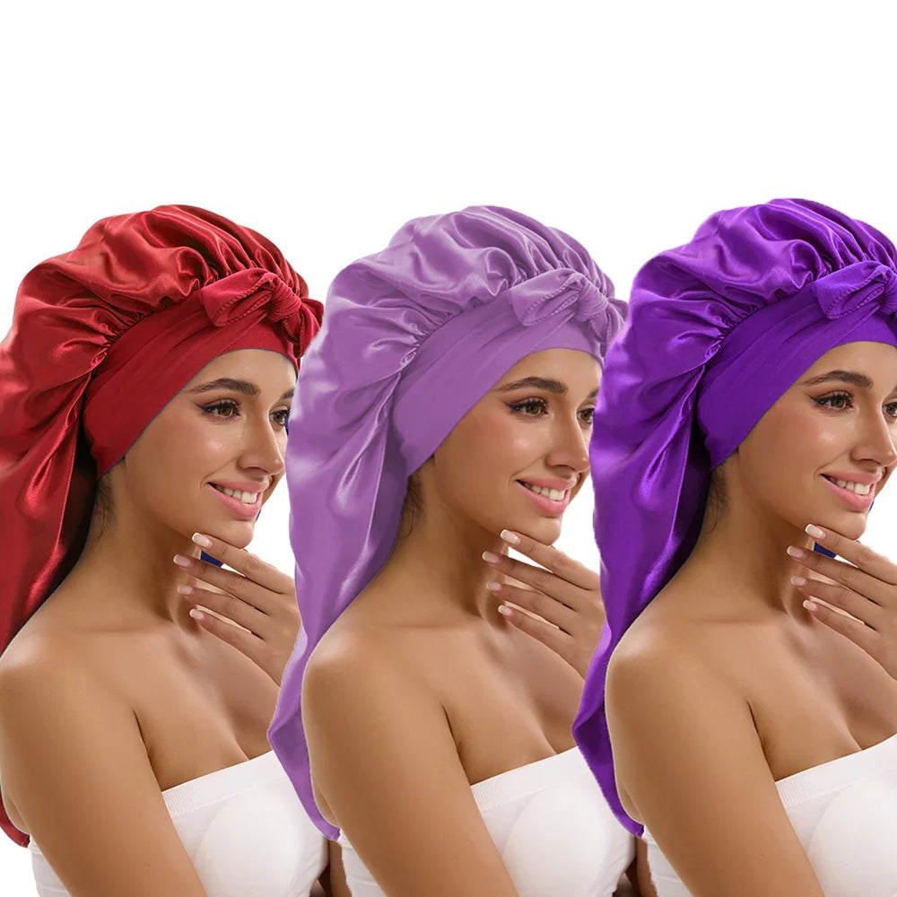 Satin Sleep Caps with Ribbon Tie  for Long Hair