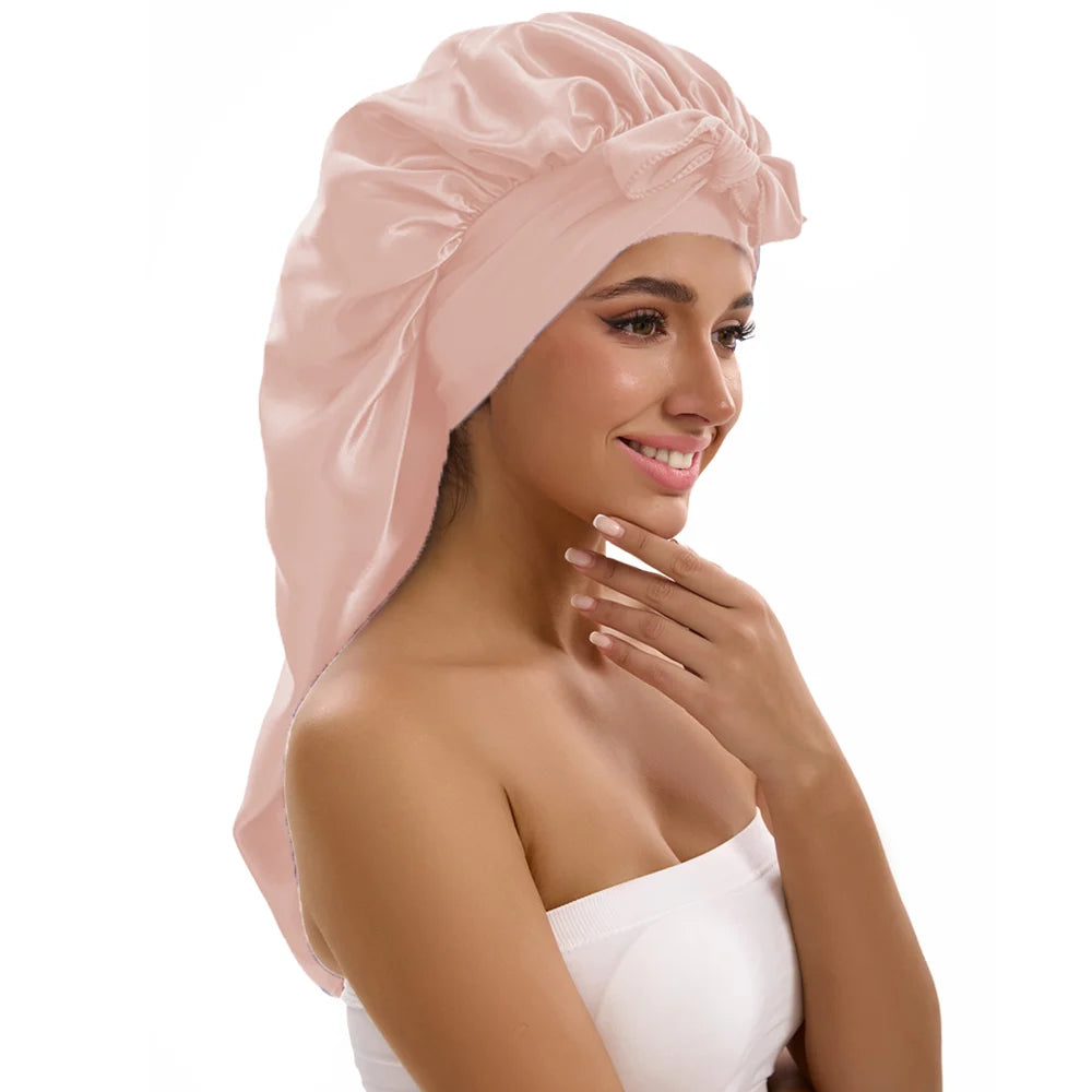 Satin Sleep Caps with Ribbon Tie  for Long Hair