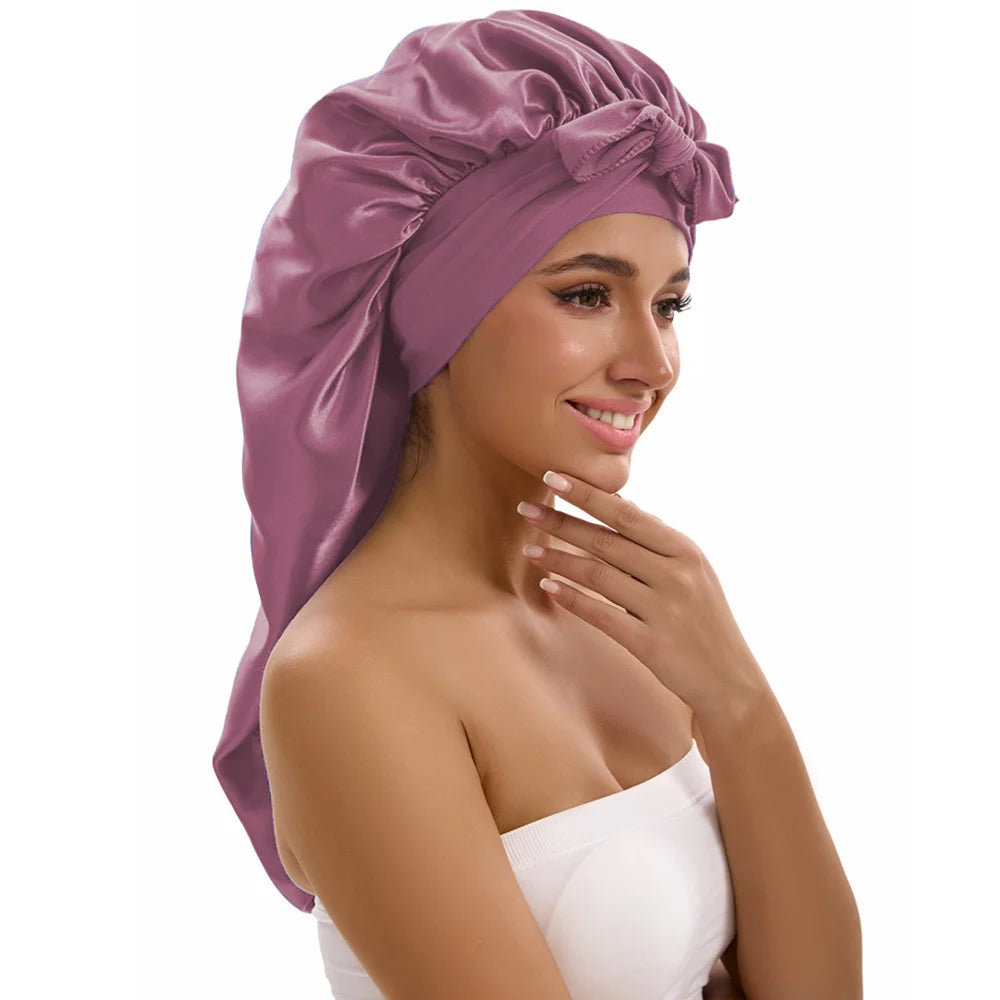 Satin Sleep Caps with Ribbon Tie  for Long Hair