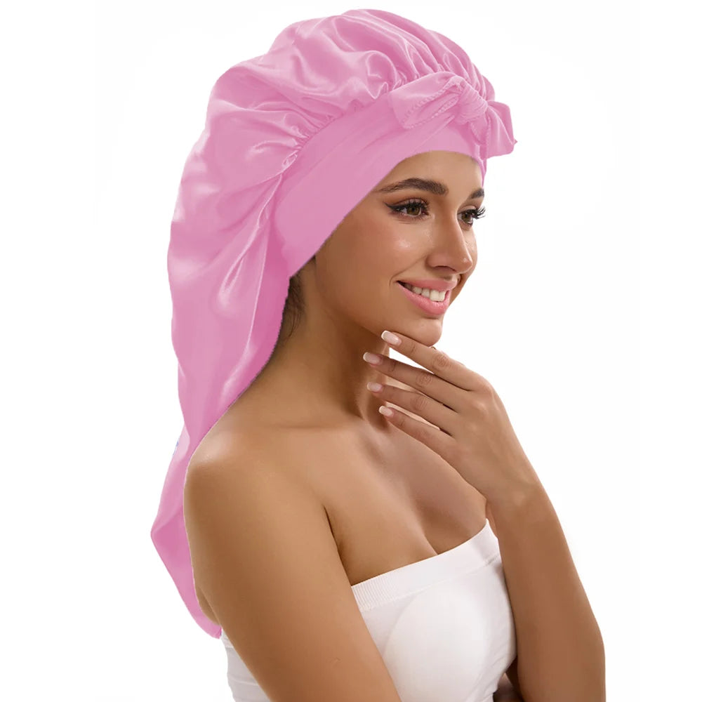 Satin Sleep Caps with Ribbon Tie  for Long Hair
