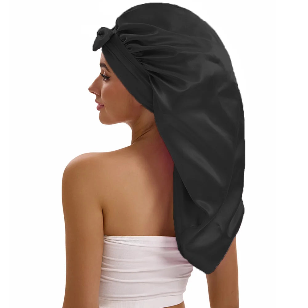 Satin Sleep Caps with Ribbon Tie  for Long Hair