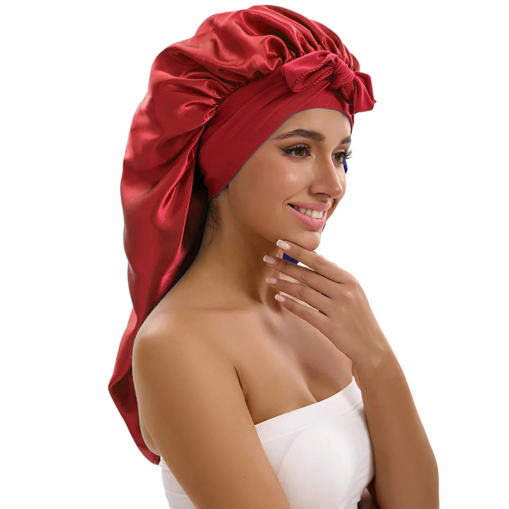 Satin Sleep Caps with Ribbon Tie  for Long Hair
