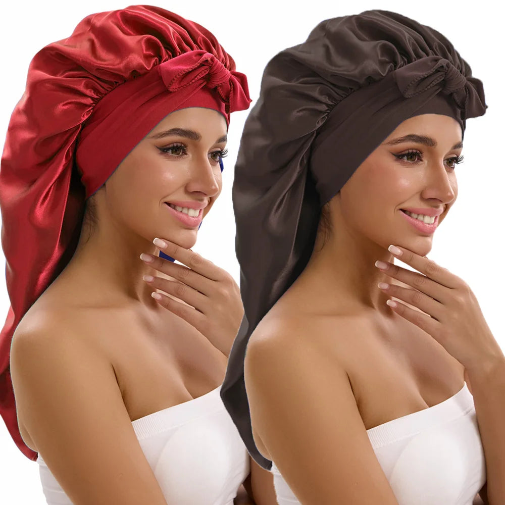 Satin Sleep Caps with Ribbon Tie  for Long Hair