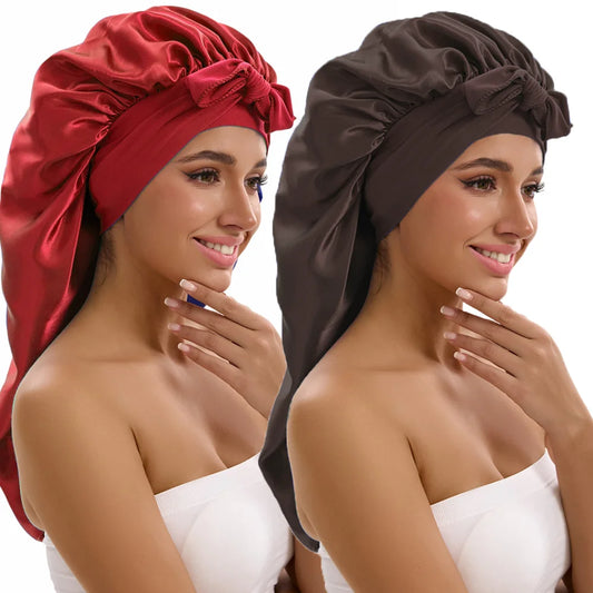 Satin Sleep Caps with Ribbon Tie  for Long Hair